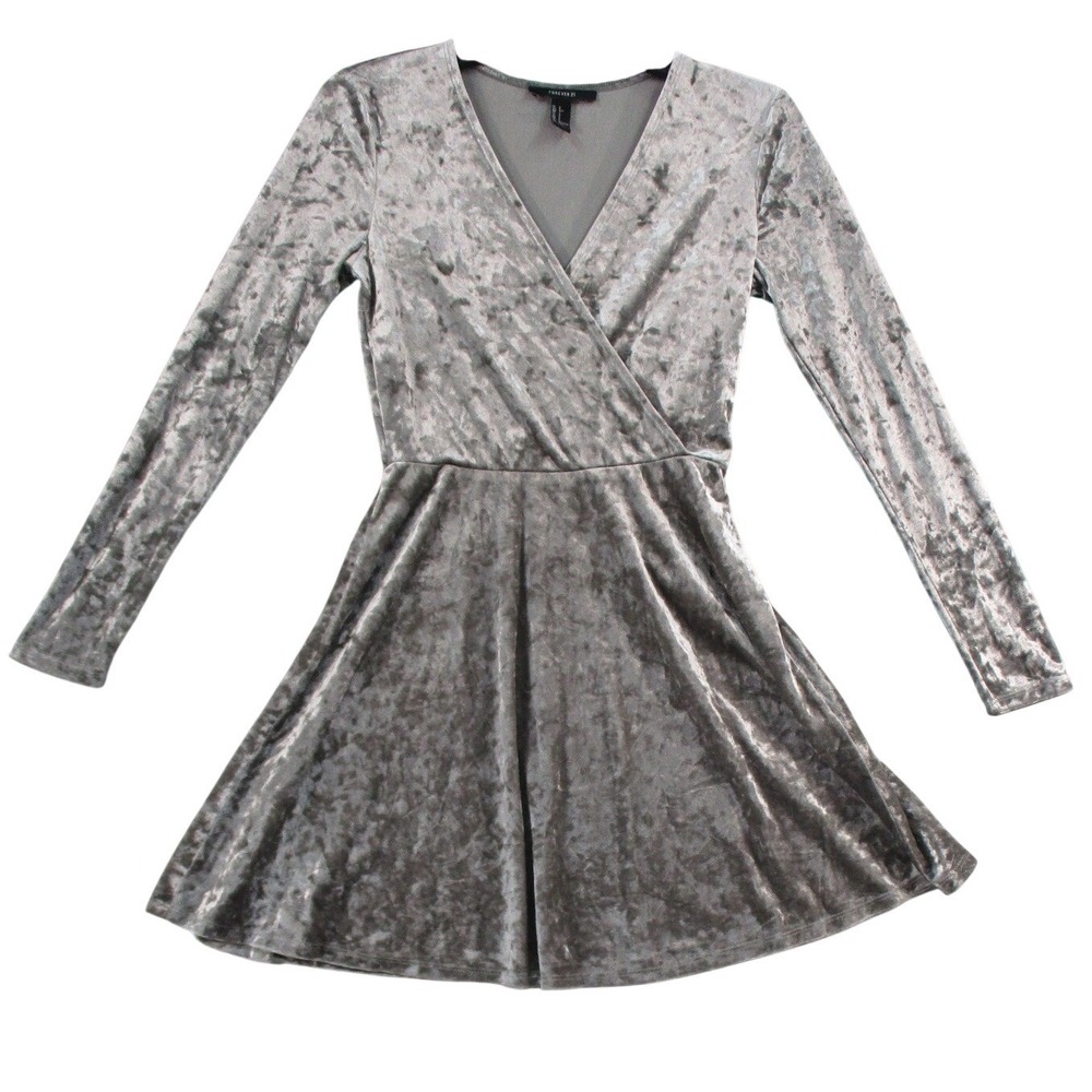 Forever 21 Silver Crushed Velvet Skater Dress Long Sleeve V-Neck Mini Grey Small